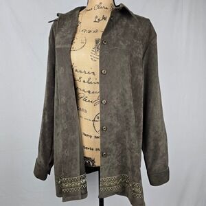 Sag Harbor Faux Suede Embroidered Button Up Top Women's Size 16 Brown